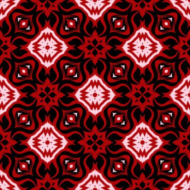 Sorunsuz kırmızı arka plan siyah ve beyaz tasarım öğeleri ile. Desen duvar kağıtları, Tekstil ve kumaş için