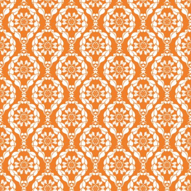 Turuncu zemin üzerine beyaz çiçek süsleme. Tekstil ve duvar kağıtları için seamless modeli