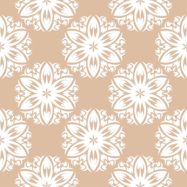 Bej renkli arka plan üzerinde beyaz çiçek süsleme. Tekstil ve duvar kağıtları için seamless modeli