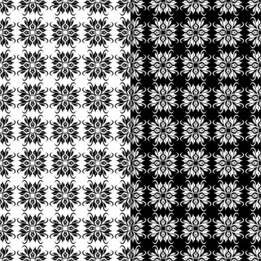 Siyah ve beyaz çiçekli süsler. Tekstil ve duvar kağıtları için sorunsuz arka planlar kümesi