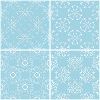 Çiçek desenleri. Mavi ve beyaz sorunsuz arka planlar kümesi. Vektör çizim