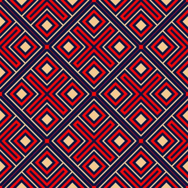 Geometrik seamless modeli. Duvar kağıtları, Tekstil ve kumaş için mavi arka plan üzerinde renkli kırmızı ve bej tasarım