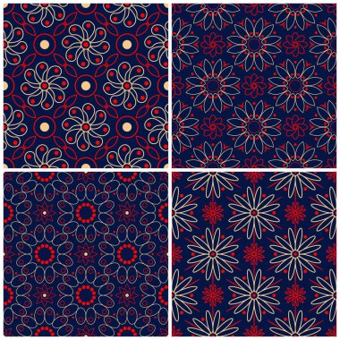 Sorunsuz arka planlar. Duvar kağıtları, Tekstil ve kumaş çiçek desenleri ile mavi klasik bej ve kırmızı belirler