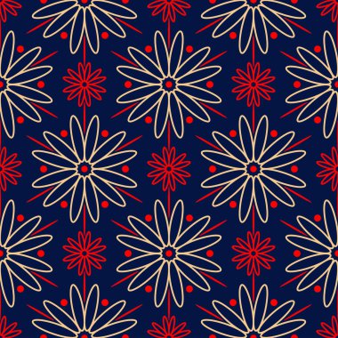 Kesintisiz mavi arka plan. Çiçek bej ve kırmızı desenli duvar kağıtları ve tekstil