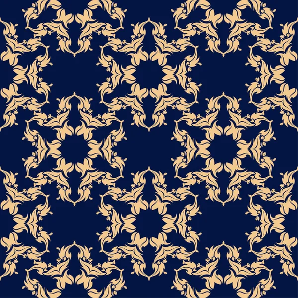 Ornement Floral Doré Sur Fond Bleu Foncé Modèle Sans Couture — Image vectorielle