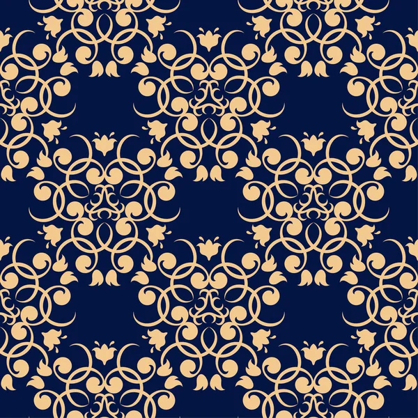 Golden Floral Design Dark Blue Background Seamless Pattern Textile Wallpapers — Stock Vector