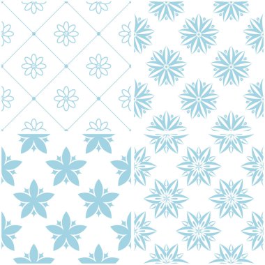 Çiçek desenleri. Beyaz ışık mavi öğeleri kümesi. Sorunsuz arka planlar. Vektör çizim