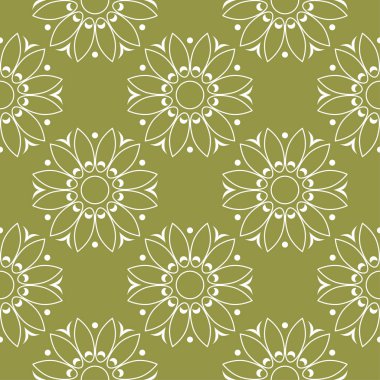 Zeytin yeşil zemin üzerine beyaz çiçek tasarım. Tekstil ve duvar kağıtları için seamless modeli