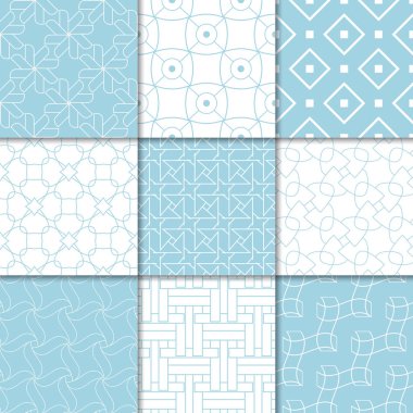 Mavi ve beyaz geometrik süsler. Web, Tekstil ve duvar kağıtları için dikişsiz desen koleksiyonu