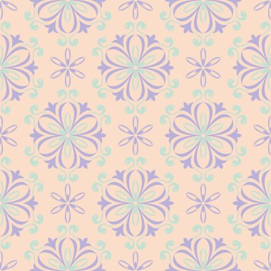 Çiçek seamless modeli. Bej renkli arka plan duvar kağıtları, Tekstil ve kumaş için mor ve mavi çiçek öğeleri ile