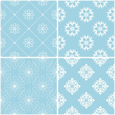 Çiçek desenleri. Mavi ve beyaz sorunsuz arka planlar kümesi. Vektör çizim