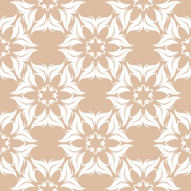 Bej renkli arka plan üzerinde beyaz çiçek süsleme. Tekstil ve duvar kağıtları için seamless modeli