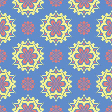 Çiçek tasarım ile mavi seamless modeli. Renkli arka plan duvar kağıtları, Tekstil ve kumaş için kırmızı sarı çiçek öğeleri ile