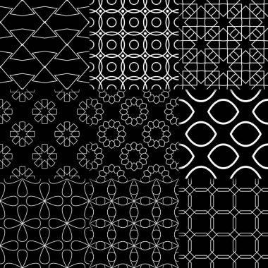 Siyah ve beyaz geometrik süsler. Web, Tekstil ve duvar kağıtları için klasik Dikişsiz desen koleksiyonu