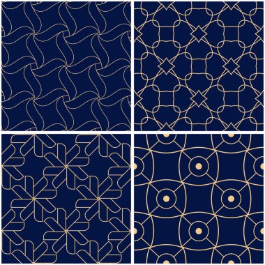Geometrik desenler. Altın mavi sorunsuz arka planlar kümesi. Vektör çizim