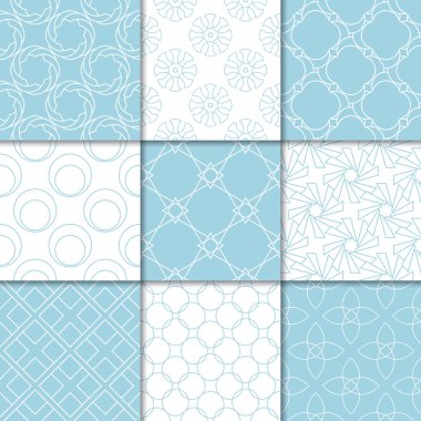 Mavi ve beyaz geometrik süsler. Web, Tekstil ve duvar kağıtları için dikişsiz desen koleksiyonu