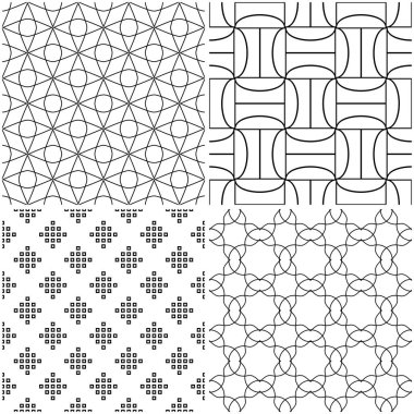 Geometrik desenler. Siyah beyaz tek renkli kesintisiz arka planlar kümesi. Vektör çizim