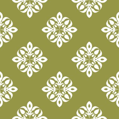 Zeytin yeşil zemin üzerine beyaz çiçek süsleme. Tekstil ve duvar kağıtları için seamless modeli