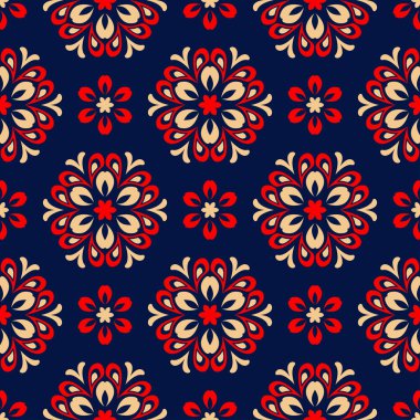 Kesintisiz mavi arka plan. Çiçek bej ve kırmızı desenli duvar kağıtları ve tekstil