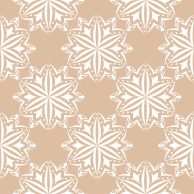 Bej renkli arka plan üzerinde beyaz çiçek süsleme. Tekstil ve duvar kağıtları için seamless modeli