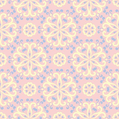 Çiçek soluk pembe seamless modeli mavi ve bej tasarımları ile. Arka plan duvar kağıtları, Tekstil ve kumaş için