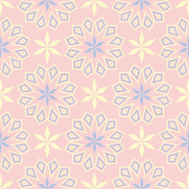 Geometrik seamless modeli. Soluk pembe arka plan duvar kağıtları, Tekstil ve kumaş için mavi ve bej elemanları ile