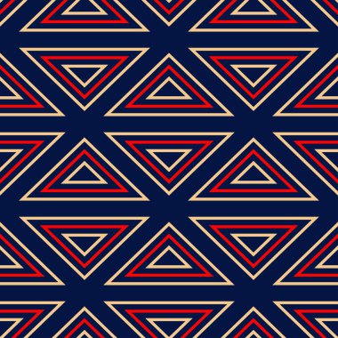 Geometrik mavi sorunsuz arka plan. Kırmızı ve bej renkli desen. Duvar kağıtları ve tekstil tasarım