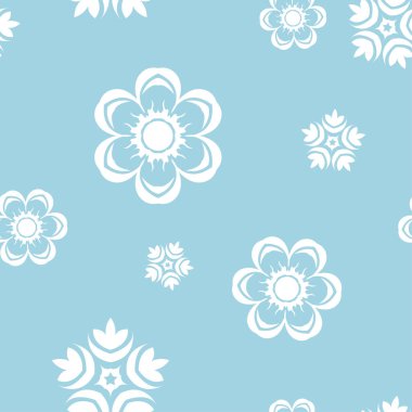 Mavi zemin üzerine beyaz çiçek süsleme. Tekstil ve duvar kağıtları için seamless modeli