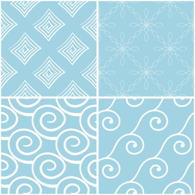 Geometrik desenler. Mavi ve beyaz sorunsuz arka planlar kümesi. Vektör çizim