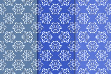 Mavi çiçekli süsler. Duvar kağıtları ve kumaşlar için dikey Dikişsiz desen seti