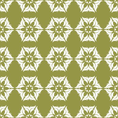 Zeytin yeşil zemin üzerine beyaz çiçek süsleme. Tekstil ve duvar kağıtları için seamless modeli