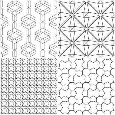 Geometrik desenler. Siyah beyaz tek renkli kesintisiz arka planlar kümesi. Vektör çizim