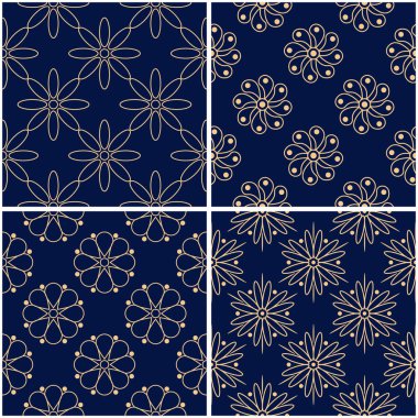 Çiçek desenleri. Altın mavi sorunsuz arka planlar kümesi. Vektör illustraton