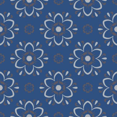 Sorunsuz arka plan. Mavi ve gri çiçek desenli duvar kağıdı, Tekstil ve kumaş için