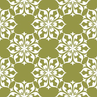 Zeytin yeşil zemin üzerine beyaz çiçek süsleme. Tekstil ve duvar kağıtları için seamless modeli