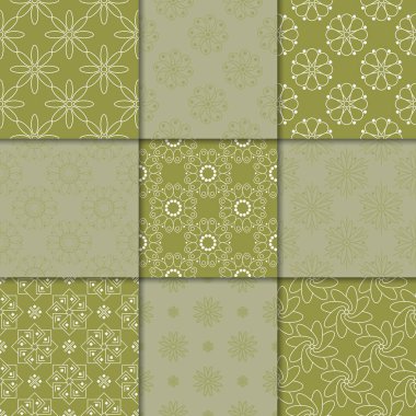 Zeytin Yeşil çiçekli süsler. Kağıt için dikişsiz desen koleksiyonu Tekstil