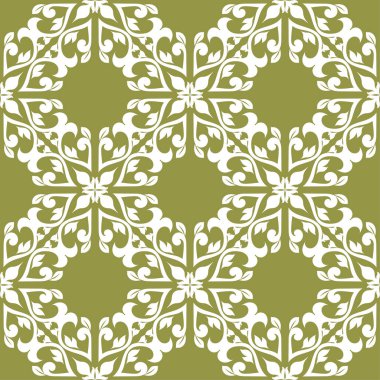 Zeytin yeşil zemin üzerine beyaz çiçek süsleme. Tekstil ve duvar kağıtları için seamless modeli