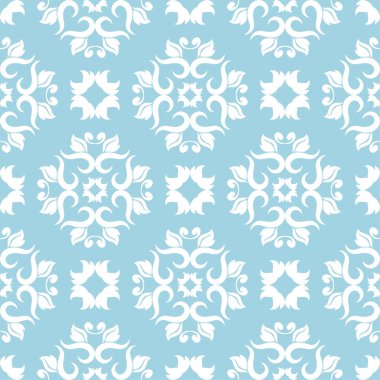 Mavi zemin üzerine beyaz çiçek süsleme. Tekstil ve duvar kağıtları için seamless modeli