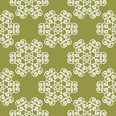 Zeytin yeşil zemin üzerine beyaz çiçek süsleme. Tekstil ve duvar kağıtları için seamless modeli