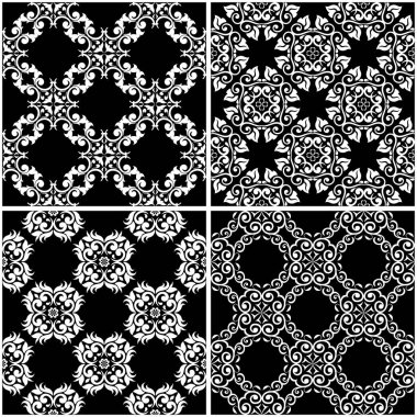 Çiçek desenleri. Siyah beyaz tek renkli kesintisiz arka planlar kümesi. Vektör çizim