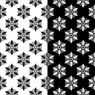 Siyah ve beyaz çiçek arka planlar. Tekstil ve duvar kağıtları için dikişsiz desen seti