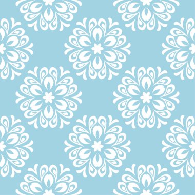 Mavi zemin üzerine beyaz çiçek süsleme. Tekstil ve duvar kağıtları için seamless modeli