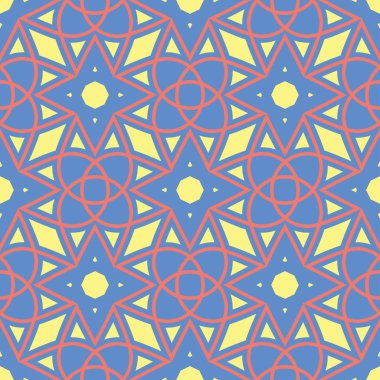 Geometrik seamless modeli. Mavi arka plan duvar kağıtları, Tekstil ve kumaş için kırmızı ve sarı tasarımı ile