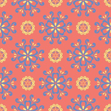 Çiçek kırmızı seamless modeli. Arka plan duvar kağıtları, Tekstil ve kumaş için sarı ve mavi çiçek öğeleri ile parlak renkli