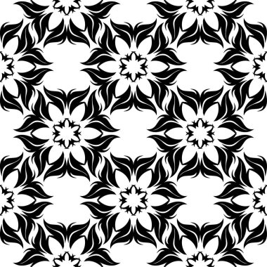 Beyaz arka planda siyah çiçek süsleme. Tekstil ve duvar kağıtları için seamless modeli