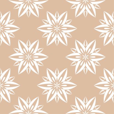 Bej renkli arka plan üzerinde beyaz çiçek süsleme. Tekstil ve duvar kağıtları için seamless modeli