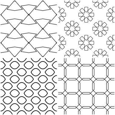 Geometrik desenler. Siyah beyaz tek renkli kesintisiz arka planlar kümesi. Vektör çizim