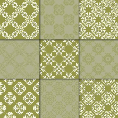 Zeytin Yeşil çiçekli süsler. Kağıt için dikişsiz desen koleksiyonu Tekstil