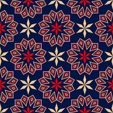 Geometrik mavi sorunsuz arka plan. Kırmızı ve bej renkli desen. Duvar kağıtları ve tekstil tasarım