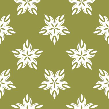 Zeytin yeşil zemin üzerine beyaz çiçek süsleme. Tekstil ve duvar kağıtları için seamless modeli